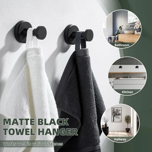 Miniatura 6 de APLusee Gancho para toallas de baño negro mate para baño, paquete de 2 ganchos de acero inoxidable, perchas de pared resistentes montadas en la pared
