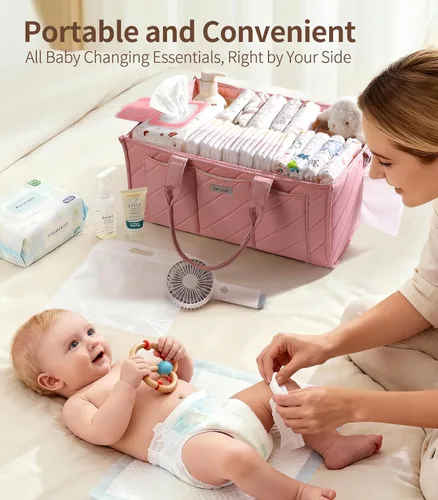 Miniatura 4 de Organizador de pañales extra grande – Cesta de almacenamiento grande para guardería con bolsillo con cremallera, correa para el hombro y ganchos