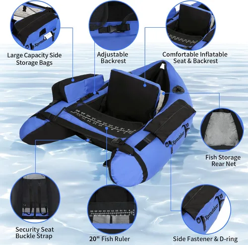 Miniatura 3 de Tubo de flotador de pesca con correas ajustables para mochila, bolsillos de almacenamiento, regla de pescado, barco de pesca con mosca con bomba