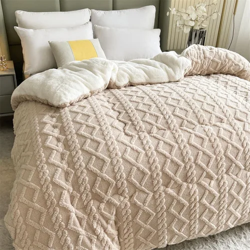 Miniatura 11 de Edredón de felpa de cordero grueso de doble capa, edredón cálido para invierno, edredón jacquard a cuadros de hibisco, manta de cama gruesa