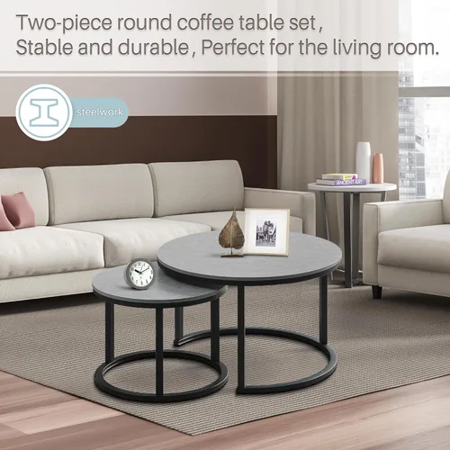 Miniatura 4 de Juego de 2 mesas auxiliares redondas para sala de estar, mesa central elegante con mesa de grano de madera, mesas auxiliares pequeñas