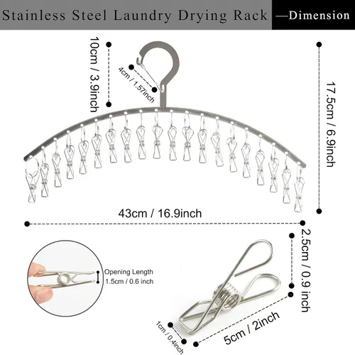 Miniatura 3 de JDYOOMI Paquete de 2 perchas de acero inoxidable para secar ropa a prueba de viento con 20 clips para secar calcetines, toallas, pañales