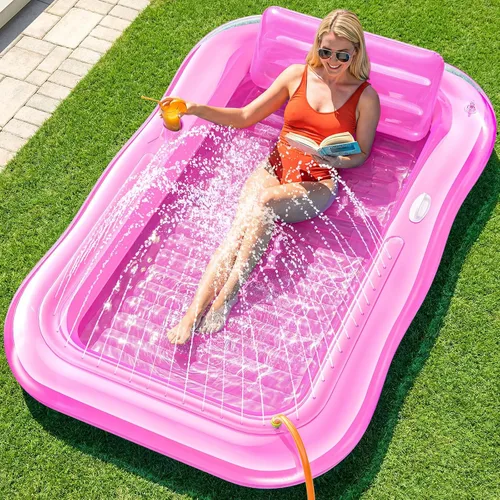 Miniatura 9 de Inflatable Tanning Pool Lounger Float with Sprinkler, 77" x 48" XL Tanning Pool for Adults with Pillow & Cup Holder, 6 in 1 Suntan Tub Sunbathing