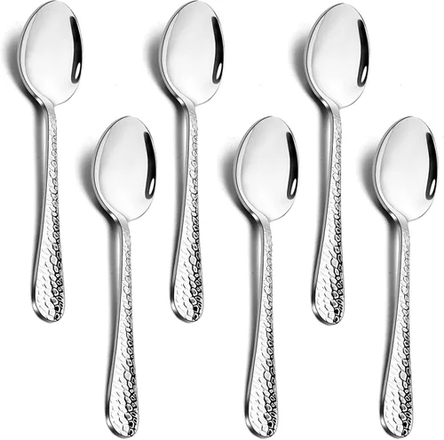 Miniatura 9 de E-far - Juego de 6 cucharaditas martilladas de acero inoxidable moderno, cubiertos de postre para el hogar, cocina, restaurante, borde redondo