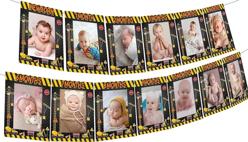 Sursurprise Suministros de fiesta de primer cumpleaños de construcción, pancarta de fotos de construcción de recién nacido a 12 meses, decoración de