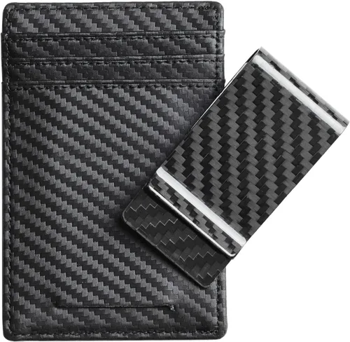 Miniatura 9 de Travelambo Clip para dinero para hombre, de piel, delgado, minimalista, con bloqueo RFID (tejido negro), Tejido negro, Minimalista