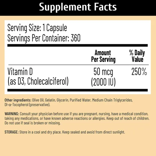 Miniatura 3 de Vitamina D3 2000 UI (50 mcg) con vitamina D3 Provitas® de grado USP, aceite de oliva dual y MCT para una mayor absorción, hueso, músculo e inmune