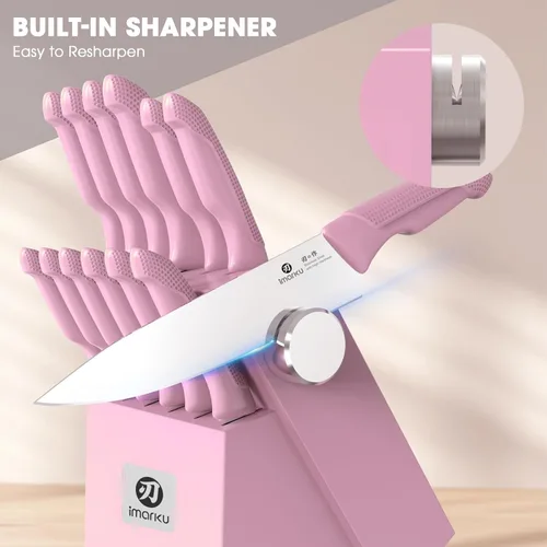 Miniatura 6 de imarku Juego de cuchillos afilados con afilador integrado, juego de cuchillos de cocina japoneses de acero inoxidable con mango ergonómico Rosa