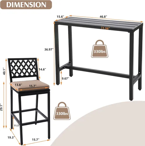 Miniatura 2 de Sillas y mesa de bar para exteriores, juego de bar de metal para exteriores, juego de mesa de bar de 3 piezas con taburetes de bar y cojines