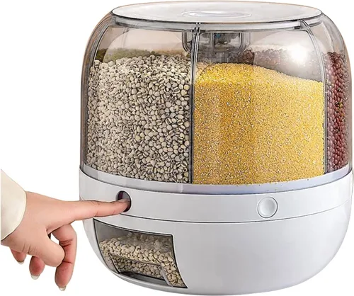 DYRABREST Dispensador de arroz, dispensador de cereales giratorio de 360°, dispensador de almacenamiento de granos multigrano redondo de 6 rejillas,