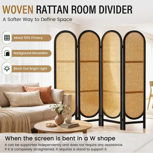 Miniatura 4 de Divisor de habitación de ratán arqueado de 5.6 pies, pantalla de privacidad plegable, 4 paneles independientes con bisagras dobles, divisor