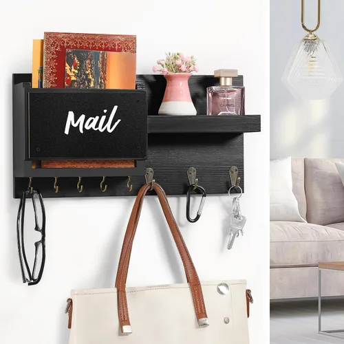 Miniatura 6 de Estante decorativo para colgar llaves con 8 ganchos, fácil de instalar, soporte de madera natural para llaves y correo para montaje en pared