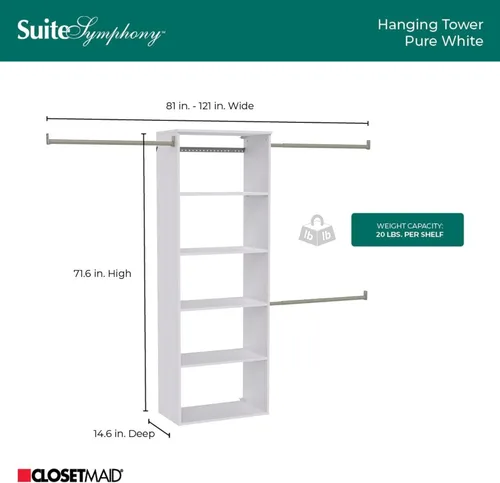 Miniatura 7 de ClosetMaid SuiteSymphony - Kit de armario colgante incluye (1) torre, (3) varillas para armario y (6) estantes, color blanco
