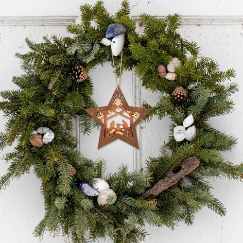 Miniatura 5 de Creawoo Adornos de belén, adorno colgante de madera de Navidad en forma de estrella, recuerdo de belén para árbol de Navidad, decoración