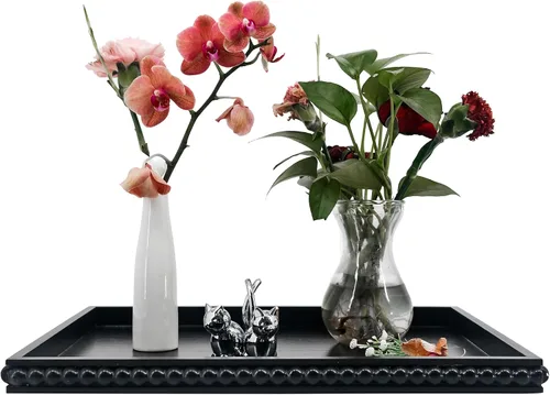 Miniatura 10 de FramePro Bandeja Decorativa Redonda de 12 pulgadas con Cuentas de Madera - Elevadores de Bandeja de Servir Negros para Sala de Estar, Mesa de Café