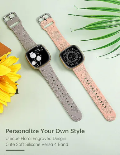 Miniatura 2 de Minyee Paquete de 2 correas grabadas florales compatibles con Fitbit Versa 4/Versa 3/Sense 2/Sense Band para mujer, lindo diseño de girasol de Gris