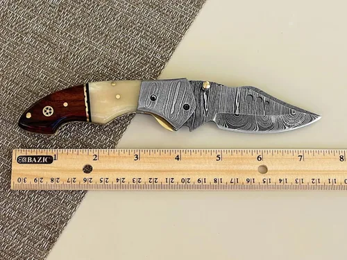 Miniatura 7 de Cuchillo de bolsillo de acero de Damasco para hombres con funda de cuero, cuchillos de caza plegables hechos a mano de 7 pulgadas, con asa, cuchillo