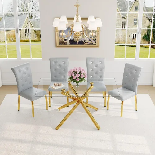 Miniatura 9 de Juego de mesa de comedor moderna para mesa de comedor negra de 4,63 pulgadas, juego de 4 con patas de metal dorado, mesa de cocina rectangular