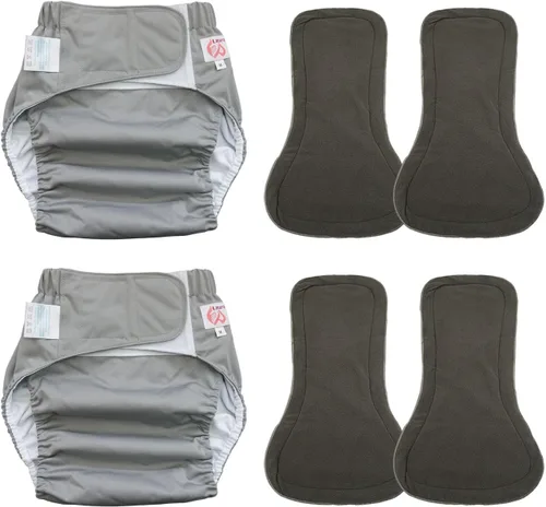 Paquete de 2 pañales de tela para adultos con 4 insertos de pañales, lavables, reutilizables, para adultos, pañales de protección contra Gris L