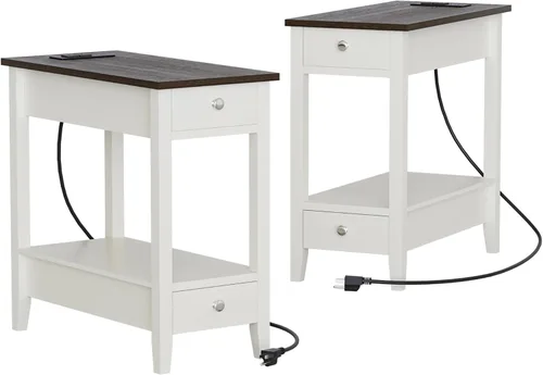 Miniatura 8 de Treocho Juego de 2 Mesas Auxiliares de Estilo Rústico para Sala de Estar, Mesa Lateral Estrecha con Estación de Carga, Mesa de Color Blanco Suave