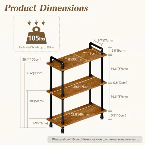 Miniatura 4 de Estantería industrial, estantería rústica abierta, estantería de madera y metal de 3 niveles, estante de almacenamiento de madera de pino maciza