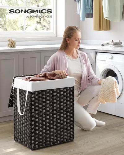 Miniatura 2 de SONGMICS Cesta de lavandería con tapa, cesta de ropa de 23.8 galones (90 L) de ratán sintético con tapa y asas, plegable, forro extraíble, negro