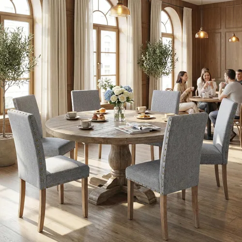 Miniatura 12 de Silla de comedor tapizada moderna y elegante Parsons con respaldo alto con ribete de cabeza de clavo de bronce y patas de madera, juego de 4, gris