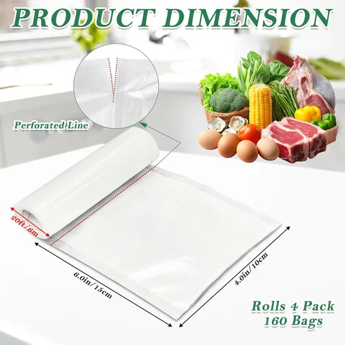 Miniatura 2 de Rollos de Bolsas Selladoras al Vacío Precortadas y Perforadas, Rollos de Bolsas Selladoras al Vacío de 4x6 Pulgadas, 4 Rollos con 160 Bolsas