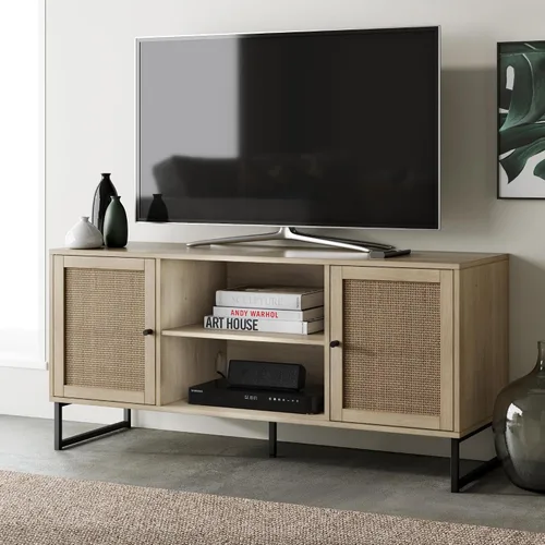 Miniatura 8 de Nathan James Mina - Soporte moderno de TV, gabinete de entretenimiento, consola con puertas de almacenamiento de ratán natural, detalles de latón