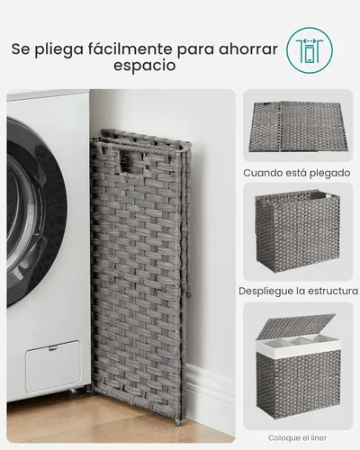 Miniatura 9 de SONGMICS Cesta de lavandería con tapa, 42.3 galones (160 L), cesta de lavandería con ruedas, ratán sintético de 3 secciones, forro extraíble, Gris