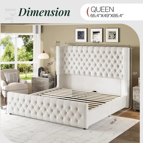 Miniatura 2 de Jocisland Base de cama tapizada tamaño Queen con cabecera curvada de 6.3 pulgadas, estribo copetudo, listones de madera, no necesita somier