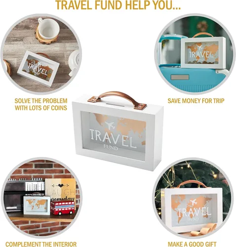 Miniatura 3 de Caja de dinero de sombra para ahorro de viaje - Banco de monedas para adultos - Tarro de vacaciones - Caja de ahorro blanca con asa - Fondo de luna