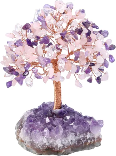Jovivi - Árbol de dinero de cristal curativo de amatista natural + cuarzo transparente + cuarzo rosa en base de geoda de druzy de amatista, Cuarzo