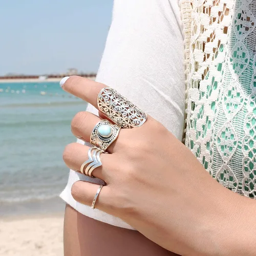 Miniatura 6 de Boho-Magic Anillo de plata de ley para mujer, banda ancha grande, dedo completo