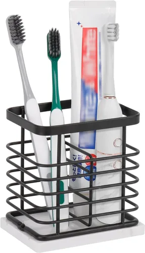 Soporte para cepillos de dientes, lujoso soporte de metal para pasta de dientes con base de mármol para baño, diseño calado de múltiples ranuras,