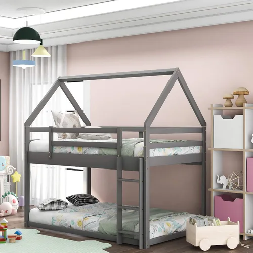 Miniatura 4 de SOFTSEA Litera para jóvenes con escalera incorporada, literas bajas de tamaño individual sobre cama individual para niños Gris