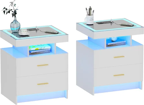 Miniatura 15 de WOOVIVS Juego de 2 mesitas de noche con carga inalámbrica y luces LED para dormitorio, mesita de noche con tablero de vidrio y diseño de 2 cajones