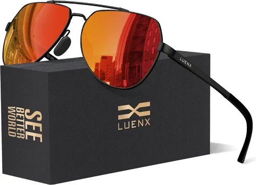 LUENX Lentes de sol de aviador para hombres y mujeres, polarizados, marco de metal grande, protección UV 400
