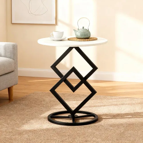 Miniatura 9 de Mesa auxiliar redonda bohemia para sala de estar, mesas auxiliares de escritorio de mármol natural con base floral de metal minimalista bohemio
