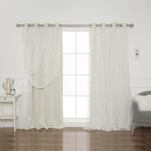 Miniatura 42 de Best Home Fashion Par de cortinas opacas con revestimiento de tul y corte láser, paneles de ventana con ojales plateados para dormitorio, habitación