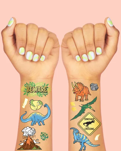 Miniatura 3 de xo, Fetti Tatuajes temporales de dinosaurios – Lámina dorada, 44 piezas Suministros para fiestas de cumpleaños jurásicas para niños, recuerdo