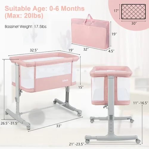 Miniatura 8 de INFANS Cuna de bebé 3 en 1, cuna lateral para recién nacido, cuna plegable con colchón, bolsa de viaje, ruedas, malla de 4 lados, cuna de montaje