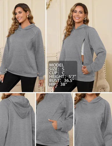 Miniatura 5 de Bhome Sudadera de lactancia con capucha para lactancia materna con cremalleras ocultas, bolsillo de canguro