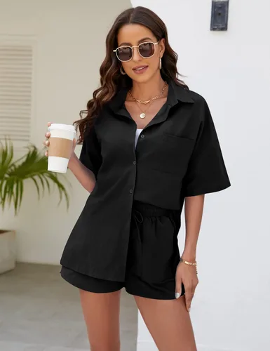 Miniatura 2 de Conjunto deportivo de 2 piezas para mujer, camisa de algodón y lino con botones y pantalones cortos de cintura alta