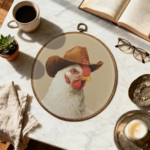 Miniatura 2 de DOFQZ Decoración de pared redonda de pollo occidental, arte de pared enmarcado del suroeste de campo, lienzo retro de pollo vaquero para colgar