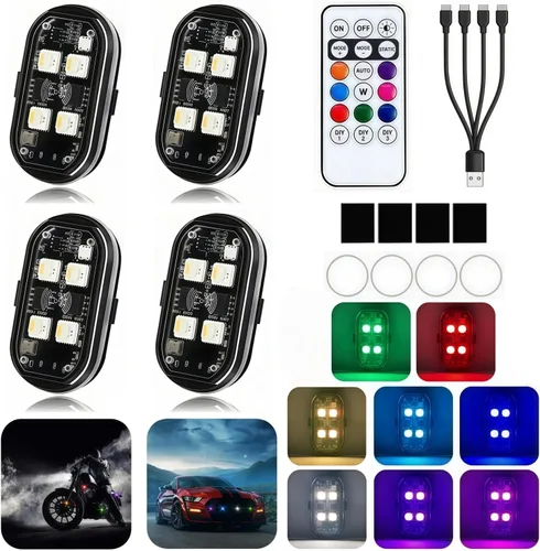 4 luces LED estroboscópicas inalámbricas mejoradas con control remoto, 8 colores y 10 modos tipo C recargable IP65 impermeable, luces de advertencia