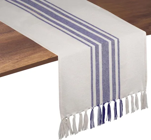 Miniatura 11 de Native Fab Camino de mesa a rayas grises – Mantel bohemio de 72 pulgadas de largo con borlas – 100% algodón, tejido apretado, mantel antideslizante