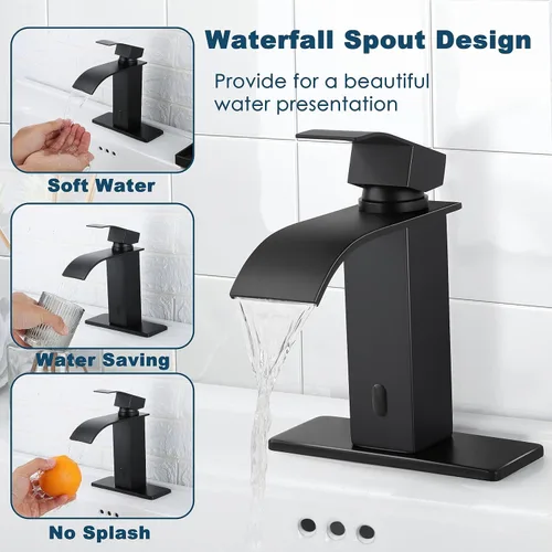 Miniatura 5 de Herogo - Grifo de lavabo de baño sin contacto, sensor automático, color negro mate, cascada de acero inoxidable, con drenaje desplegable de latón