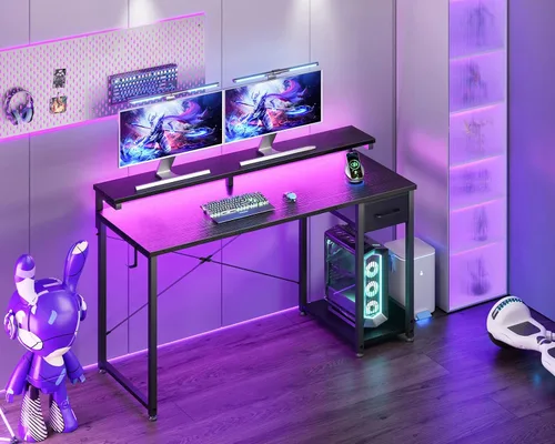 Miniatura 8 de AODK Escritorio para juegos con luces LED, escritorio para computadora de 55 pulgadas con cajones, escritorio pequeño reversible con soporte