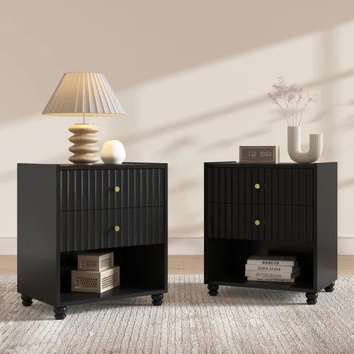 Miniatura 13 de Moderna mesita de noche, mesa auxiliar acanalada con 2 cajones, mesita de noche con estante abierto para dormitorio (1, negro)